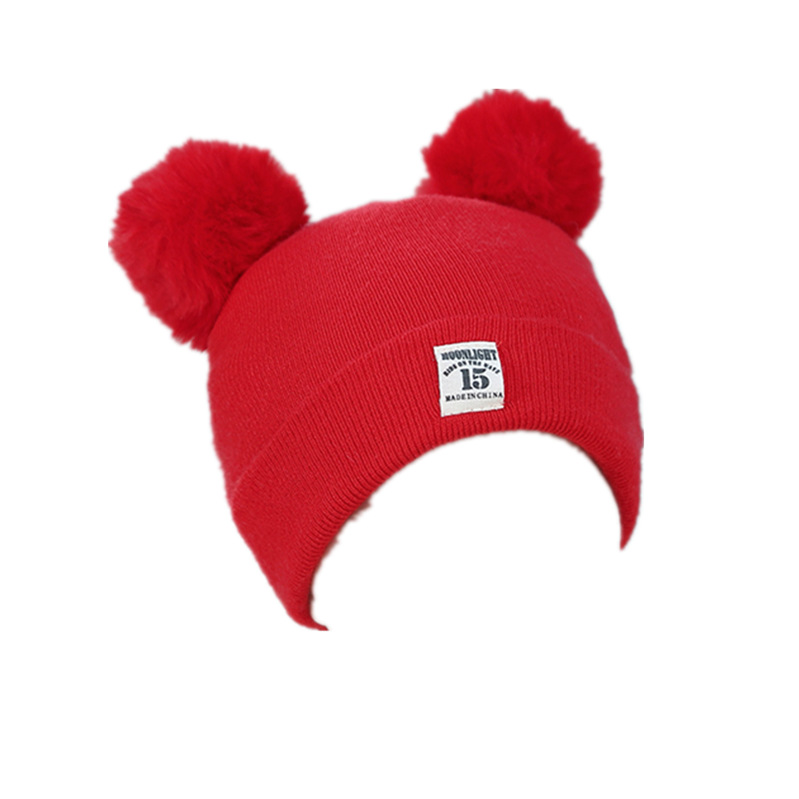 贝纳熊秋冬新款针织帽可爱双球15贴标户外保暖婴儿帽3-6-9-12个月详情图5