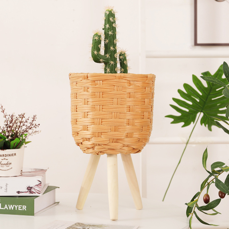 Wooden Floor Flower Stand High And Low Grass Rattan Flower Basket Flower Pot Ground Decoration Living Room Balcony Simple Flower Stand Application Scenario