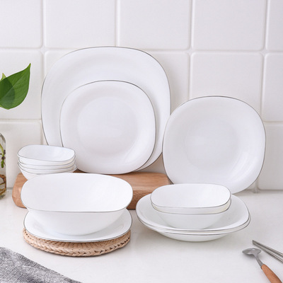 Opal Glassware餐宝白色镶边方形碗盘 白玉瓷碗 汤碗面碗沙拉碗 