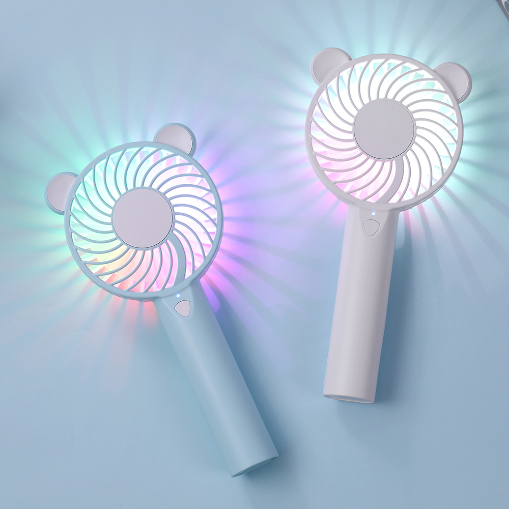 Cute and adorable bear seven-color light fan, summer light travel, USB charging, silent portable fan