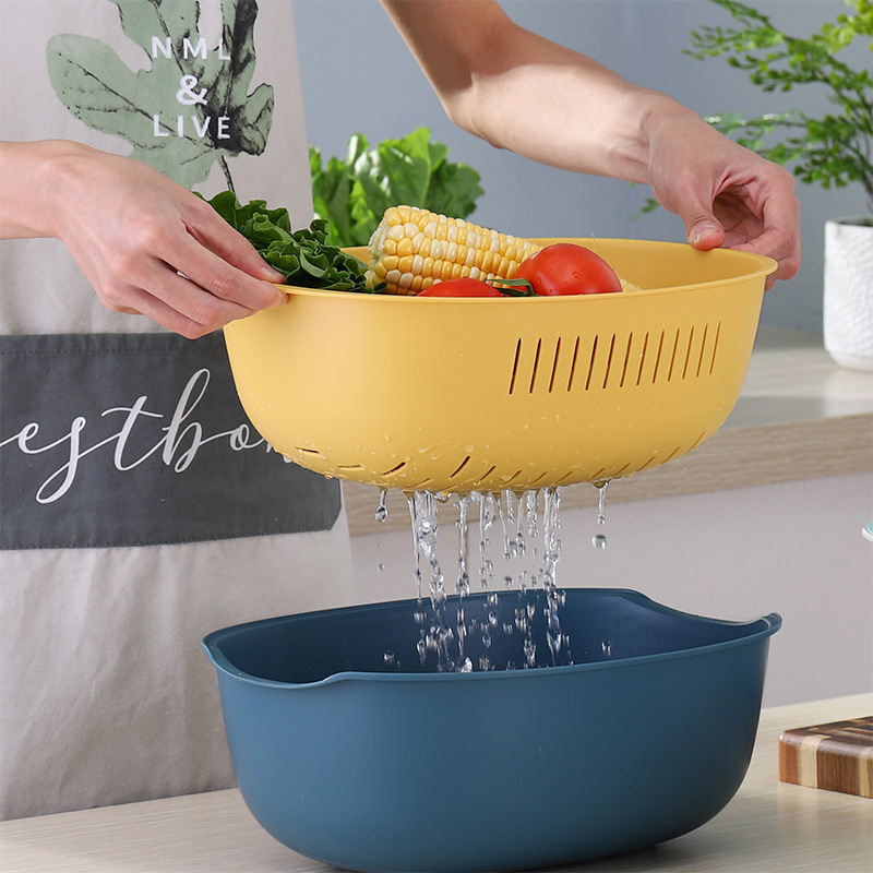 Creative Multi-Functional Drain Basket Double Household Kitchen Fruit And Vegetable Wash Basin Round Fruit Basket Plastic Wash Basket Specification drawing