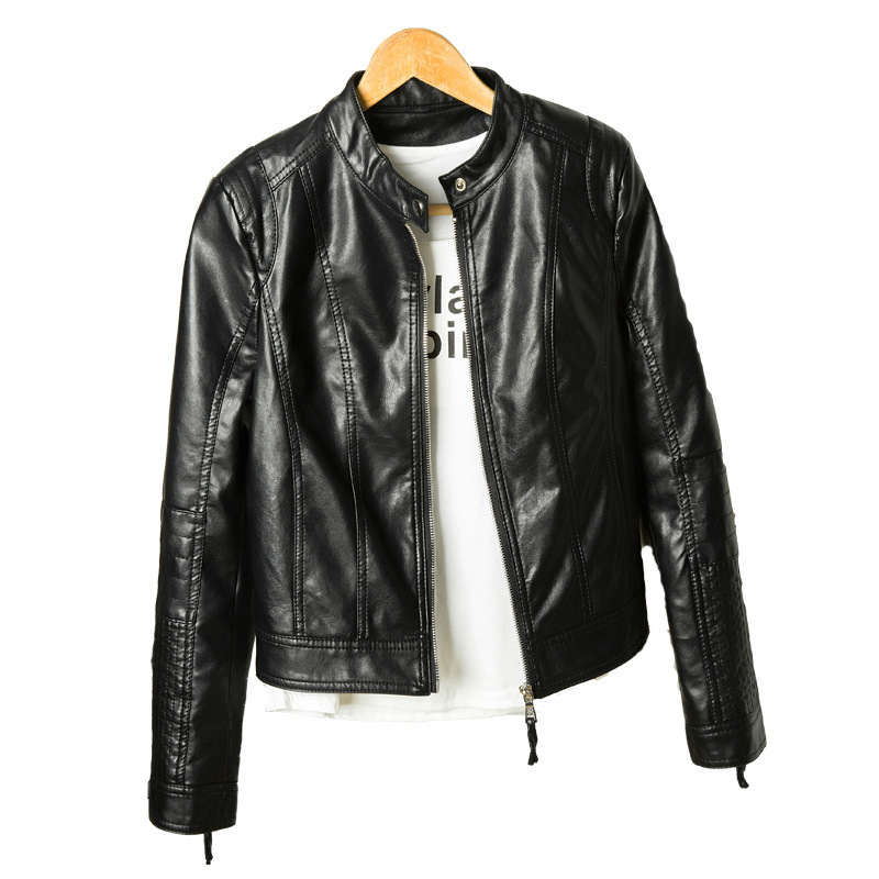 2021 Autumn new women's short leather jacket, European and American stand-up collar, slim and fashionable pu leather motorcycle women's leather jacket Item Picture