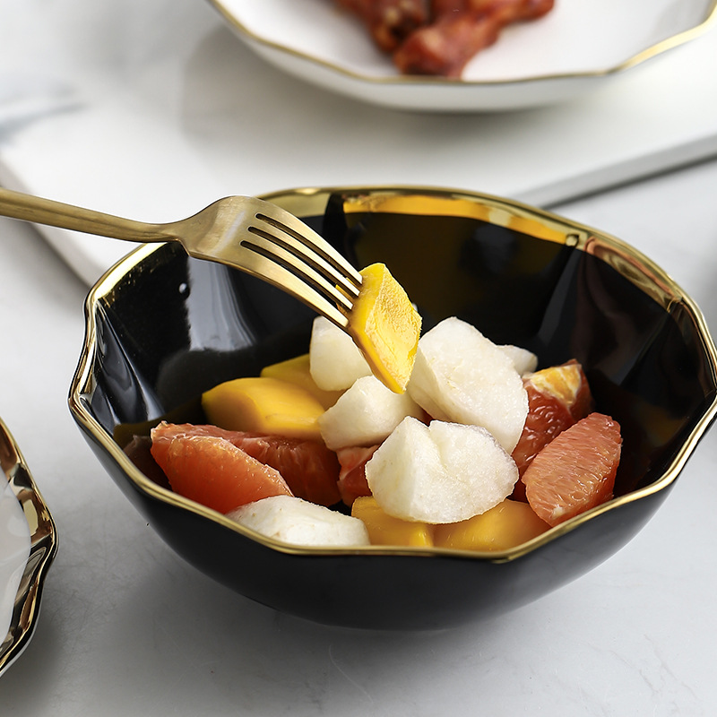 Nordic Gold-Rimmed Ceramic Plate Creative Ruffled Bowl Plate Plate Plate Western Food Plate Steak Plate Salad Bowl Soup Bowl Bowl Rice Bowl Specification drawing