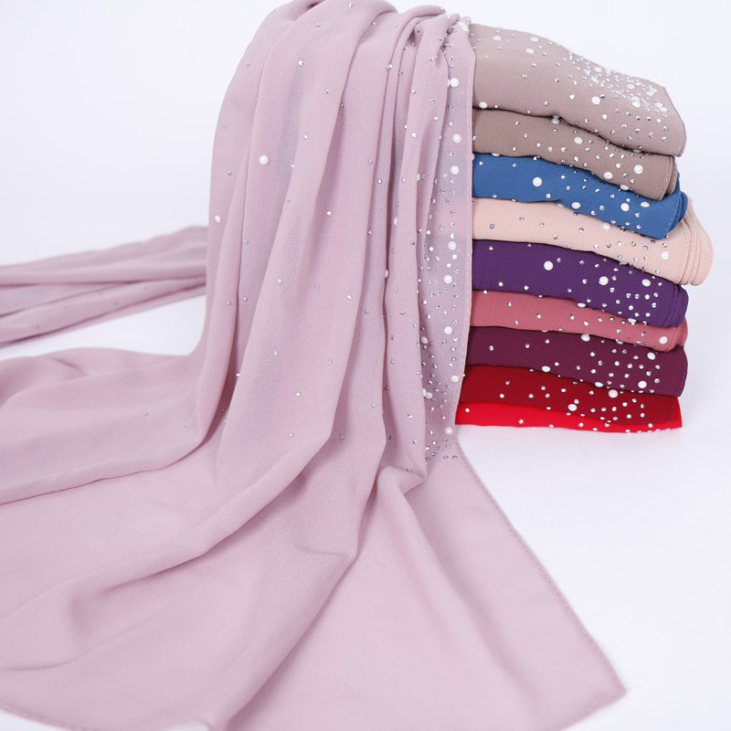 新款马来西亚单色烫钻长巾批发 烤瓷饰品珍珠雪纺优质围巾 YW98图