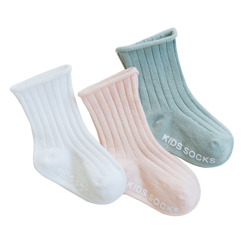 Spring and summer new children's socks, mid-calf socks in solid color, double-needle dispensing, baby socks, loose and boneless cotton socks for infants and toddlers Item Picture