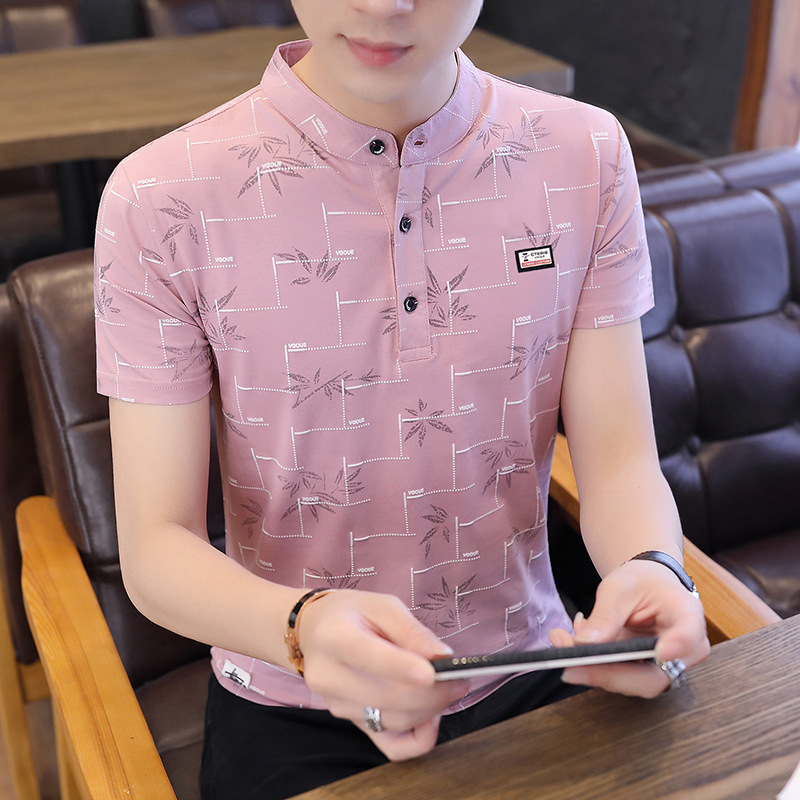 Summer men's stand-up collar, fashionable and personalized printed short-sleeved T-shirt, trendy Korean-style slimming men's pullover top for teenagers Specification image