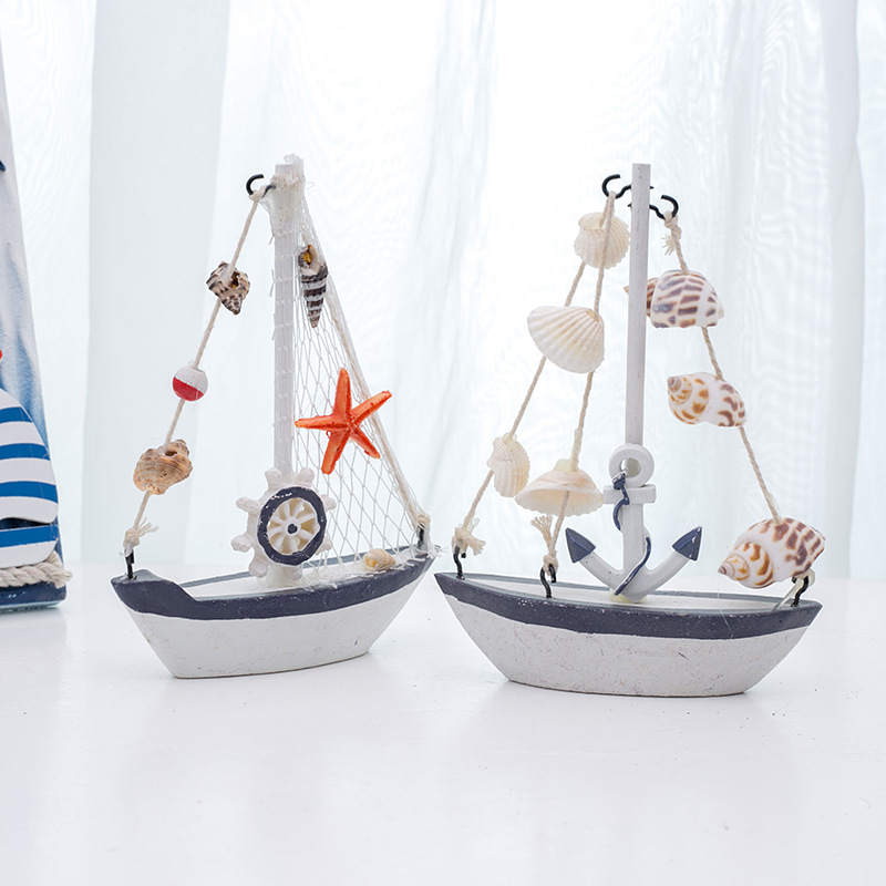 地中海风格贝壳裂纹小船摆设木质帆船模型小摆件儿童创意手工艺船（价格面议）详情图3