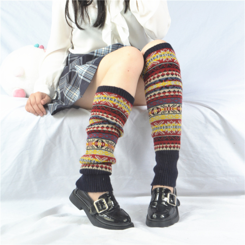 Autumn and winter warm knee-high socks, camouflage ethnic style pile socks, calf protection socks, girls' school style uniform trend