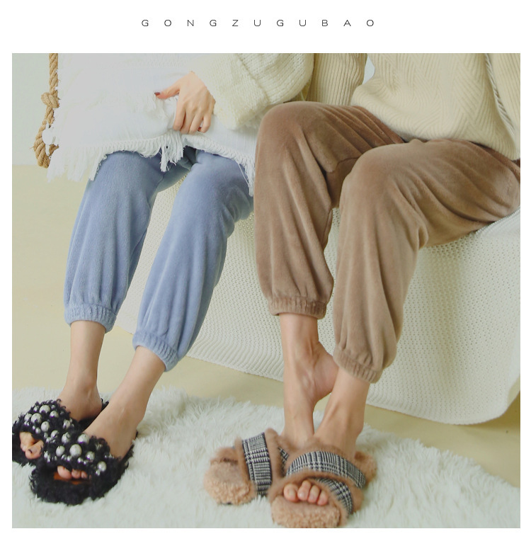 Fairy warm pants, loose coral fleece, tight-fitting, straight-leg, Halon casual trousers, large-sized embroidered pajama pants details Picture