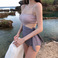 厂家批发2023韩国温泉不规则露腰系带打结撞色拼色性感连体泳衣女图