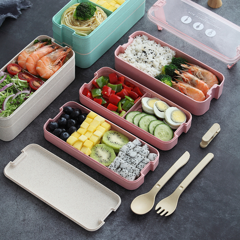 创意小麦三层饭盒1.1L学生办公午餐盒可微波日式便当盒bento box