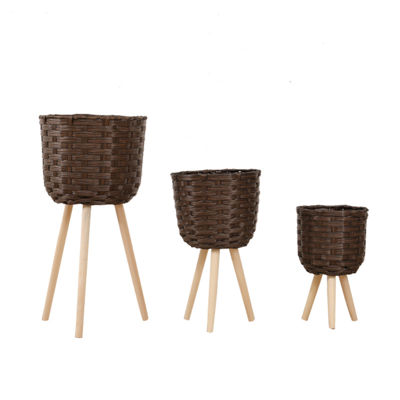 Wooden Floor Flower Stand High And Low Grass Rattan Flower Basket Flower Pot Ground Decoration Living Room Balcony Simple Flower Stand Item Picture