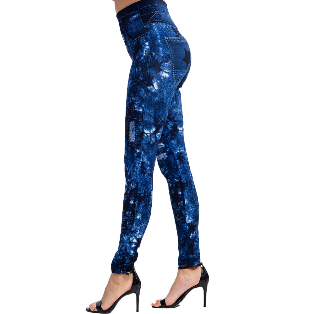 New cross-border bestsellers, slimming, hip-lifting, breathable and super elastic nine-inch pants, leaf print imitation denim leggings Specification image