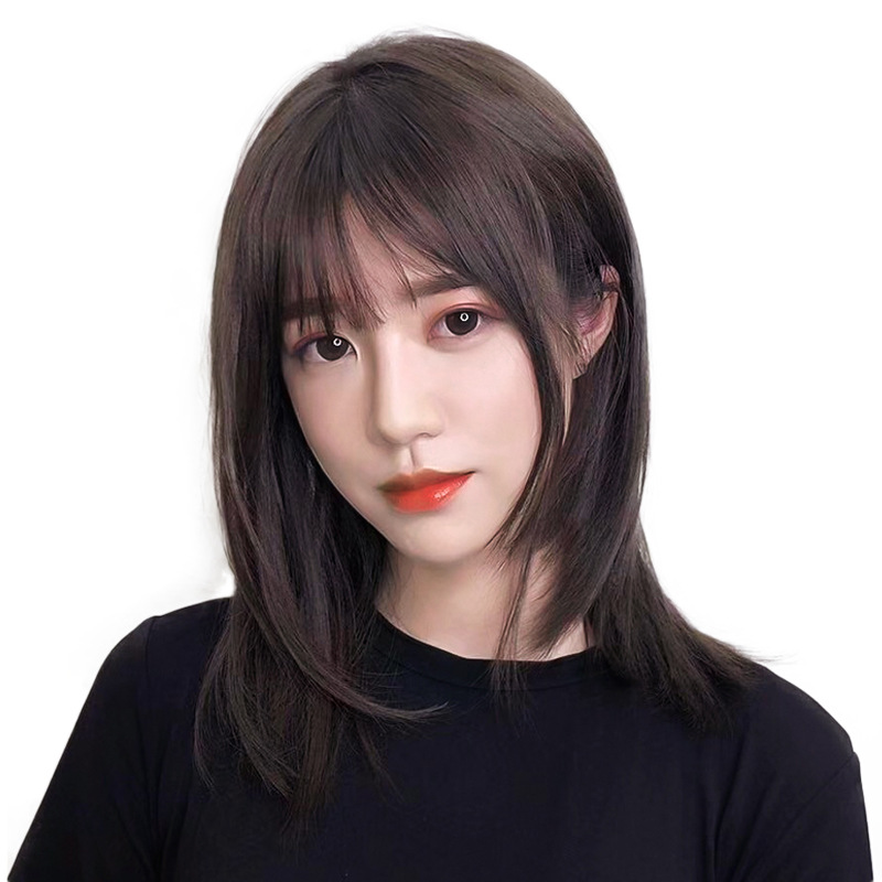 Wig for women with medium to long hair, French Internet celebrity, real hair, hair cover style, collarbone long straight hair, real hair cover factory wholesale Item Picture