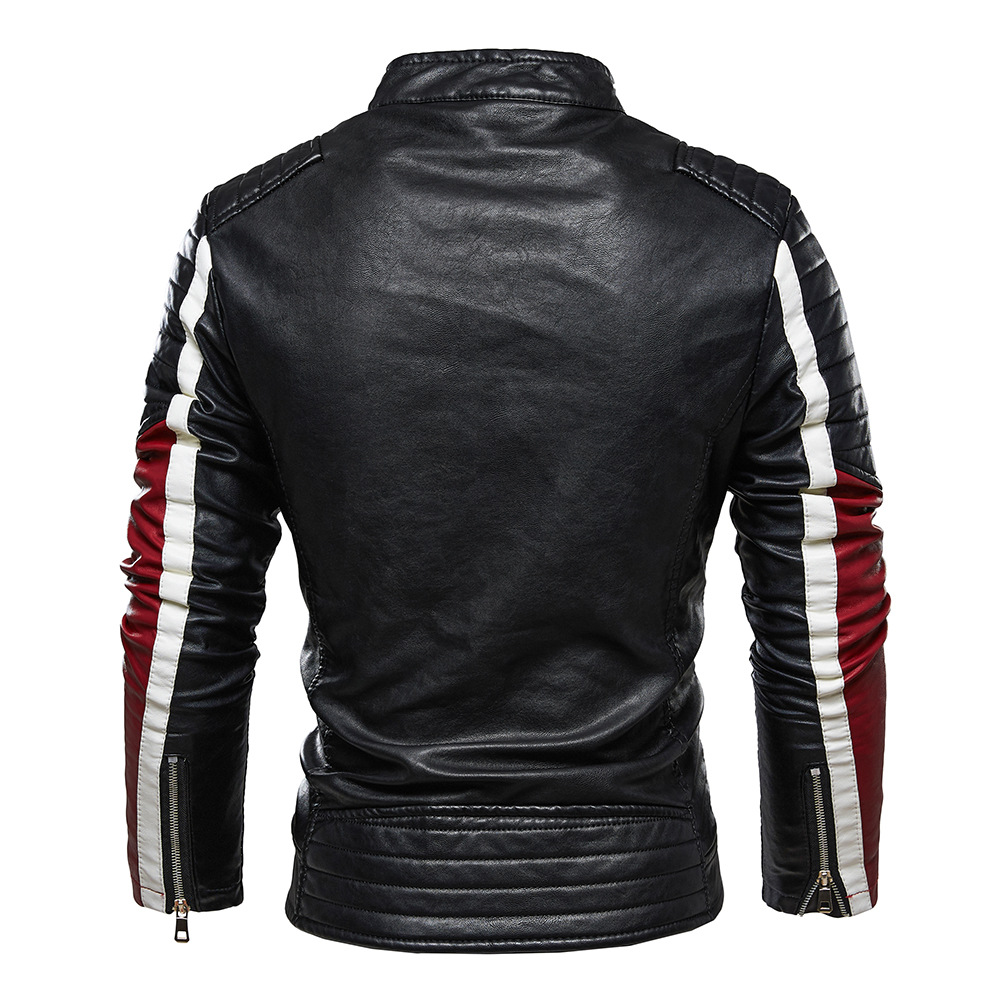 Fleece leather jacket for men, cross-border European-sized coat, youth motorcycle suit, color-blocked large-sized new fashionable leather jacket Item Picture