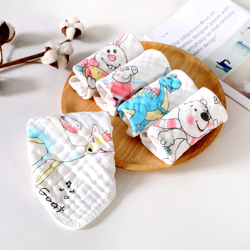 Five-piece set of six-layer pure cotton gauze saliva wipes, square towels, baby cartoon printed square towels, face towels