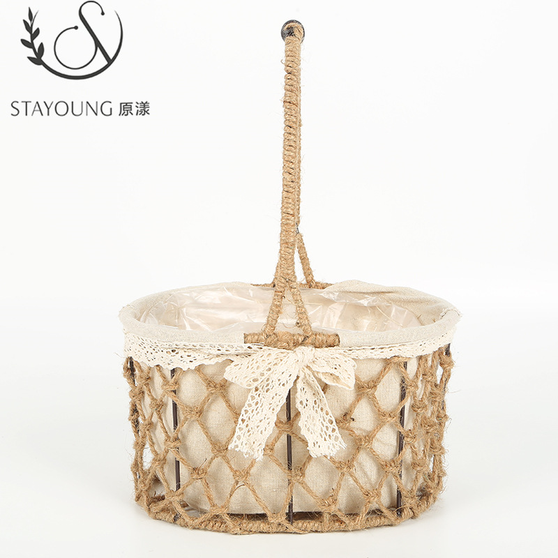 七夕热销手工编织园艺花盆插花篮花器铁艺麻绳花篮婚礼回礼篮子