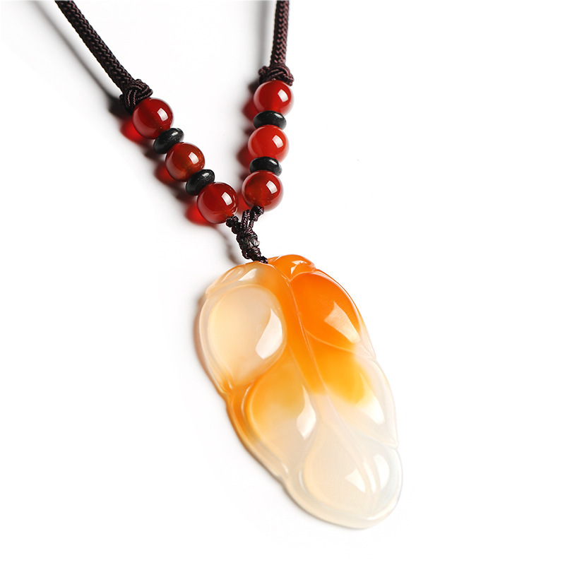Natural ice-type chalcedony agate red chalcedony leaf pendant Red agate sweater chain pendant for men and women Item Picture