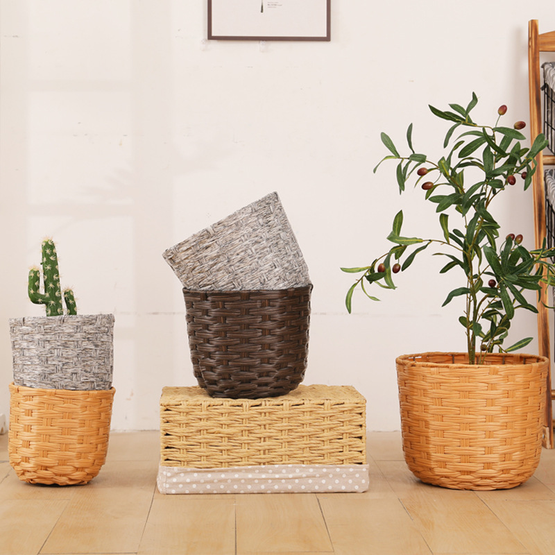 Wooden Floor Flower Stand High And Low Grass Rattan Flower Basket Flower Pot Ground Decoration Living Room Balcony Simple Flower Stand details Picture