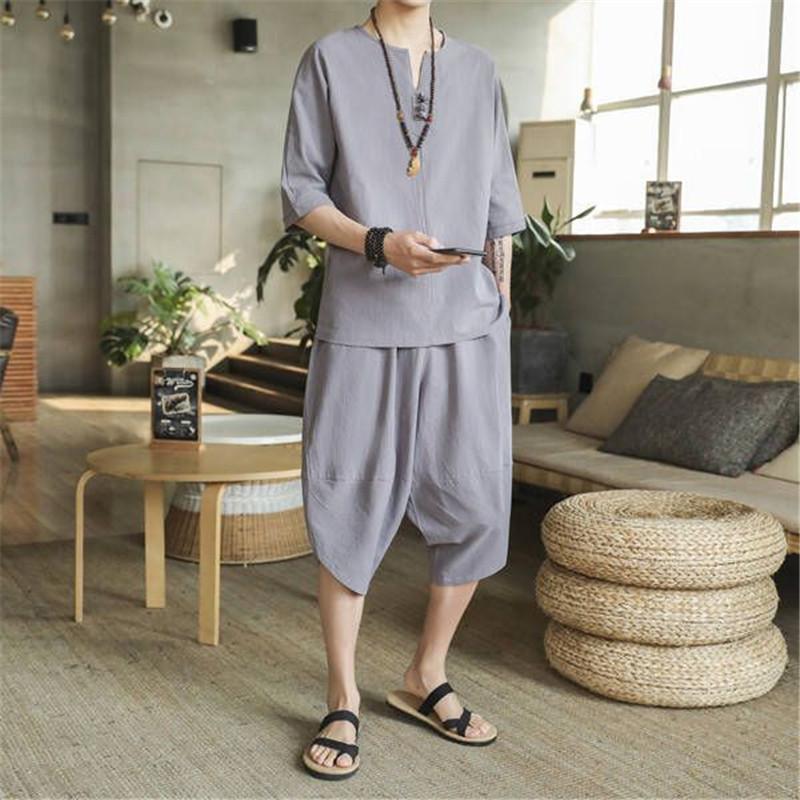2022 Summer Men's Linen Suit Chinese Style Plus-Size Loose Cropped Trousers Casual Tang Suit Cotton Linen Two-Piece Set For Men details Picture