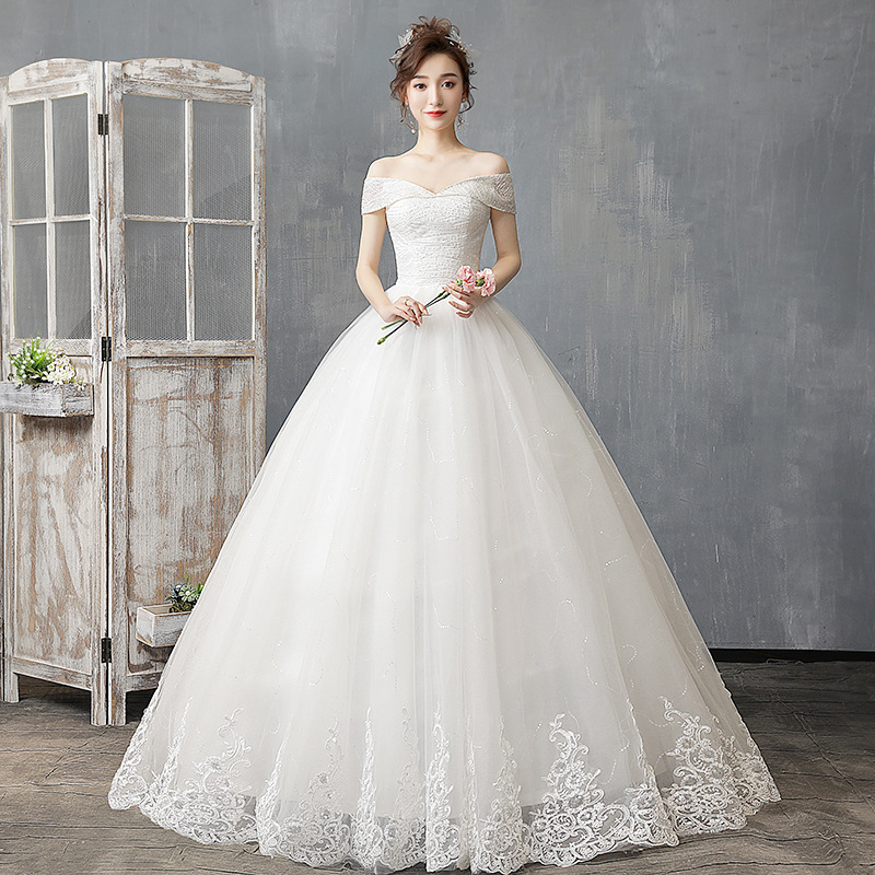 新款时尚韩式新娘婚纱礼服 抹胸齐地一字肩婚纱礼服详情图1