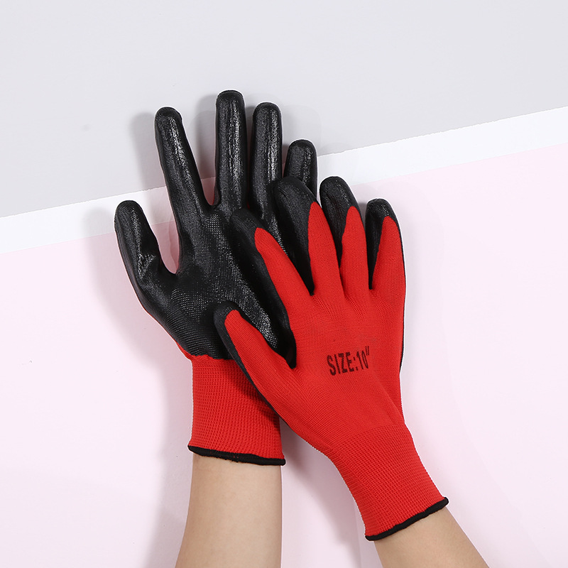 厂家直供红纱黑胶尼龙丁腈手套防滑耐磨耐油劳保防护工业丁晴手套