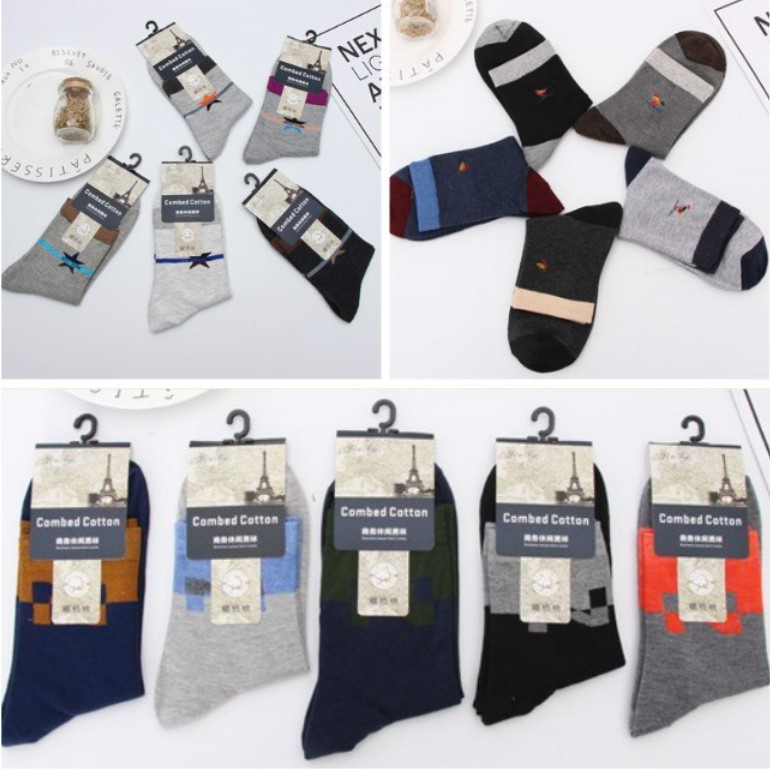 Men's colorful all-cotton socks for autumn and winter, mid-calf casual business socks, small hanging flower color-blocking men's socks manufacturer wholesale