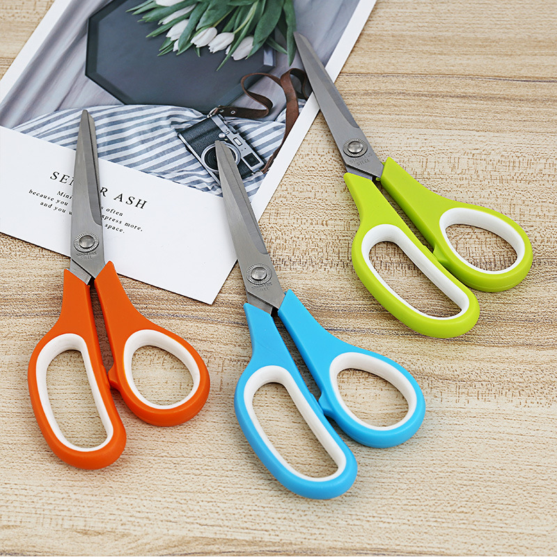 Cross border direct supply soft rubber ring TPR stainless steel scissors color double ring rubber Plastic 7.5 "large size card office scissors full figure