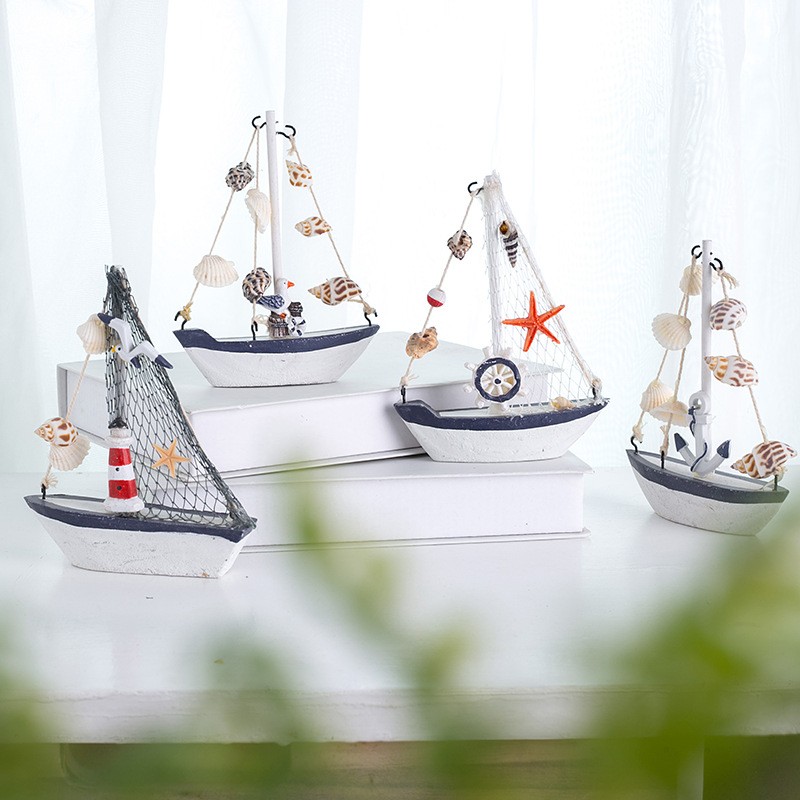 地中海风格贝壳裂纹小船摆设木质帆船模型小摆件儿童创意手工艺船（价格面议）详情图1