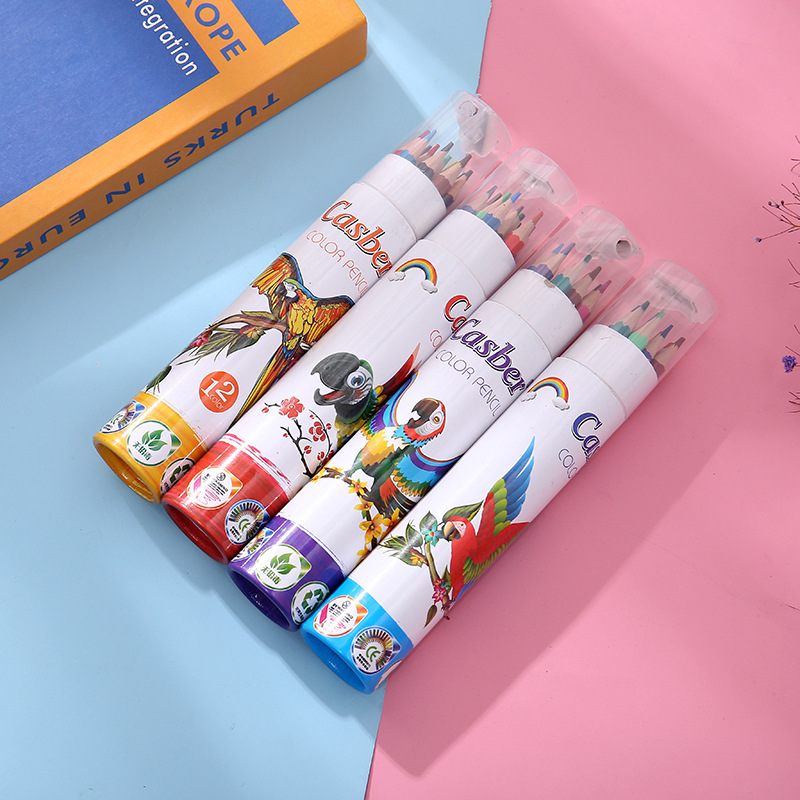 卡诗博12/24/36色桶装环保彩色铅笔创意绘画免削彩铅跨境厂家专供