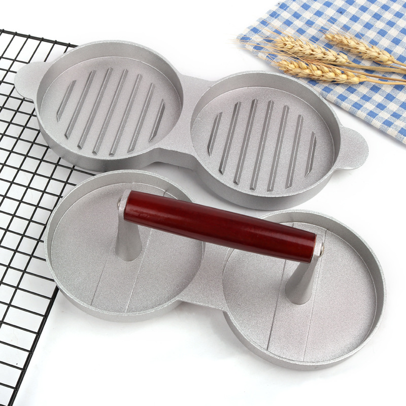 Strength manufacturers aluminum alloy hamburger press double lattice non-stick coated wood handle Hamburger meat press mold creative tools Application Scenario