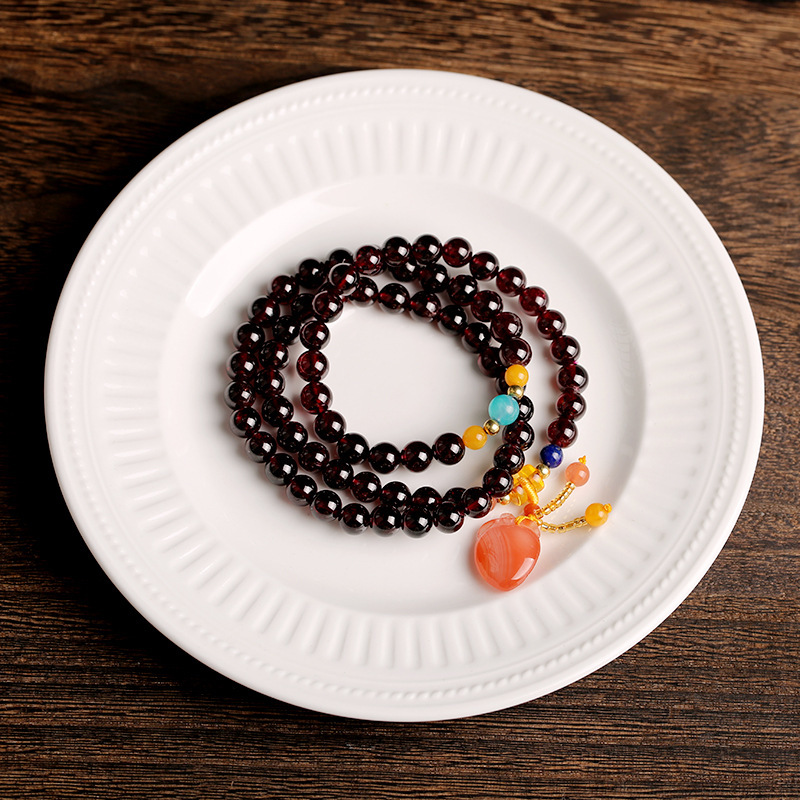 Natural garnet bracelet 7mm three-circle wine red women's garnet bracelet, Buddhist prayer bead bracelet, multi-circle crystal bracelet Specification image