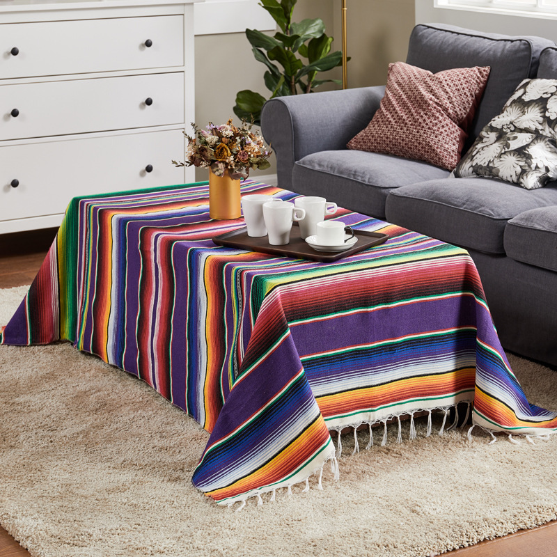 墨西哥桌旗墨西哥毯子派对桌布梭织台布流苏毛毯墨西哥桌布彩条毯