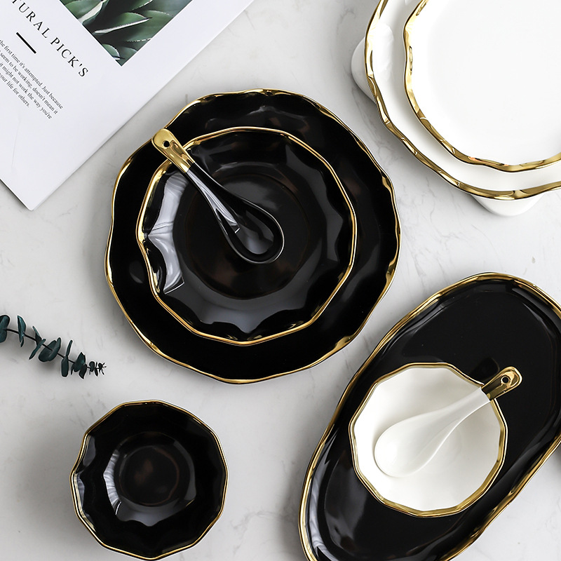 Nordic Gold-Rimmed Ceramic Plate Creative Ruffled Bowl Plate Plate Plate Western Food Plate Steak Plate Salad Bowl Soup Bowl Bowl Rice Bowl details Picture