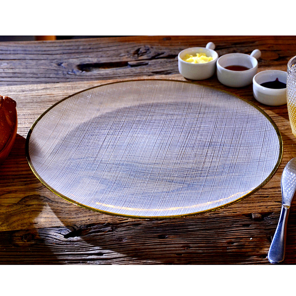 电镀金边布纹透明玻璃垫盘 透明玻璃盘子 机甩玻璃装饰盘 大中小