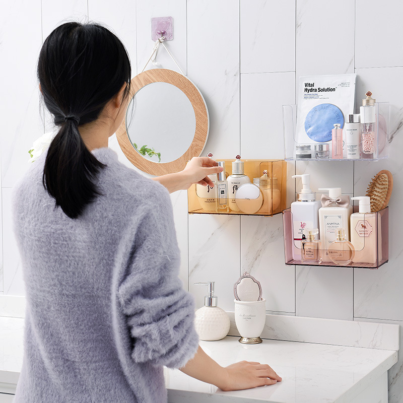 Perforation-free transparent adhesive wall-mounted storage box, bathroom storage rack, nail-free and traceless mask storage box for storage Application Scenario