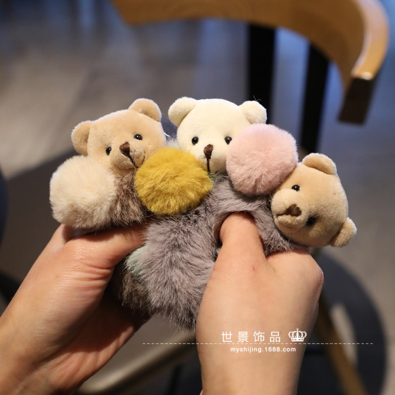 韩国饰品 毛毛小熊发圈 貂绒发绳 少女心发饰 球球儿童饰品 批发