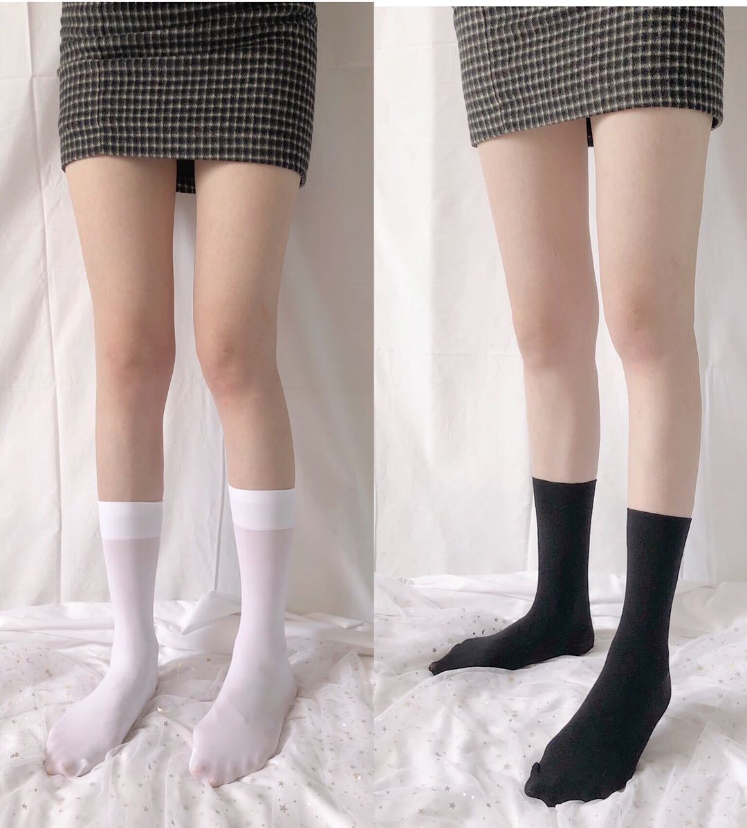 ins网红经典百搭小腿袜黑色白色短袜中筒两穿天鹅绒袜子学生女