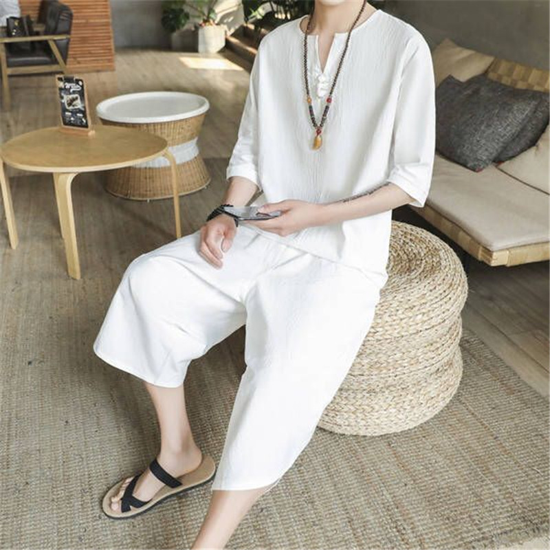 2022 Summer Men's Linen Suit Chinese Style Plus-Size Loose Cropped Trousers Casual Tang Suit Cotton Linen Two-Piece Set For Men Item Picture