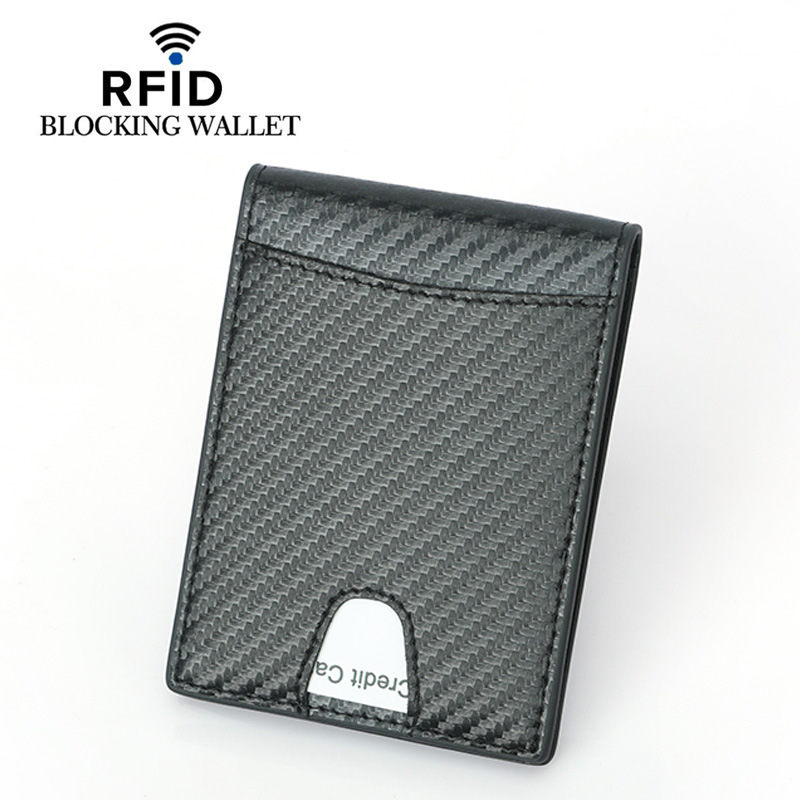 A new cross-border men's carbon fiber textured US dollar holder is selling well. A short leather RFID anti-theft money holder details Picture