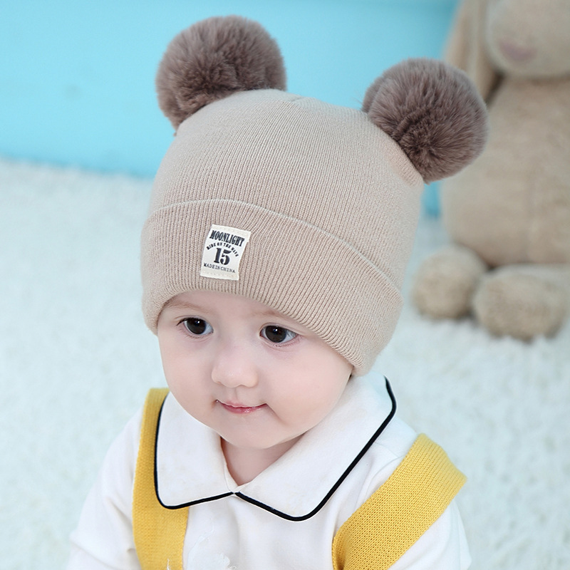 贝纳熊秋冬新款针织帽可爱双球15贴标户外保暖婴儿帽3-6-9-12个月详情图4