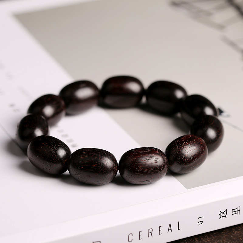Indian small-leaf red sandalwood 10mm bucket bead bracelet, original small-leaf red sandalwood bracelet with cow hair pattern, Buddhist prayer beads and cultural playthings details Picture