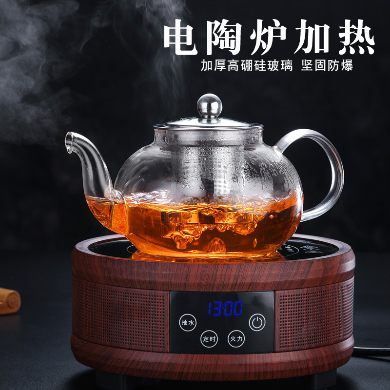 Tetera de vidrio engrosado resistente a altas temperaturas acero inoxidable filtro infusor de té hervidor de agua para uso doméstico conjunto de tetera de vidrio details Picture