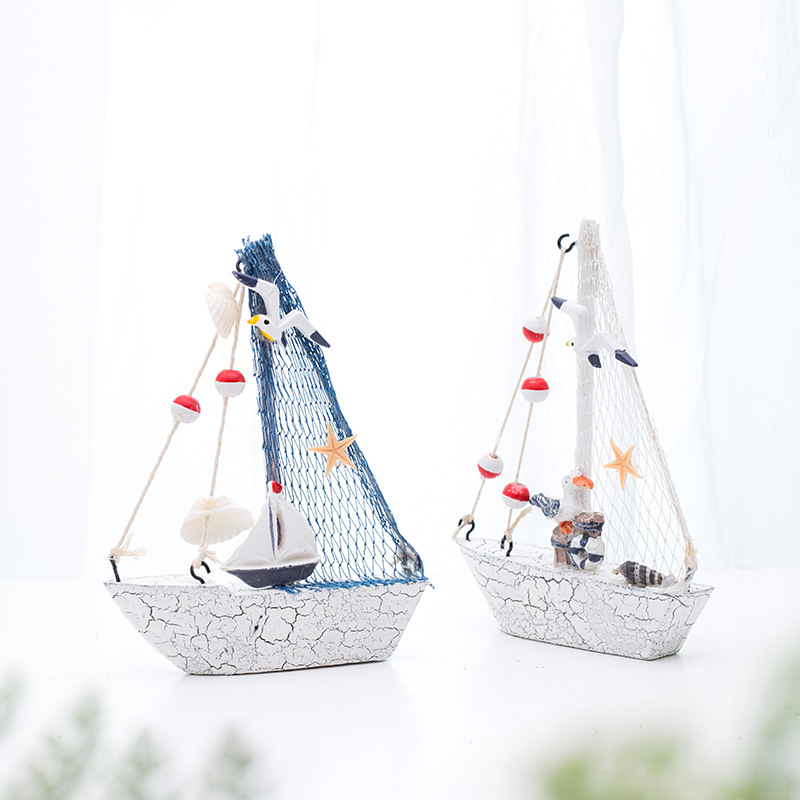 地中海风格贝壳裂纹小船摆设木质帆船模型小摆件儿童创意手工艺船（价格面议）详情图4