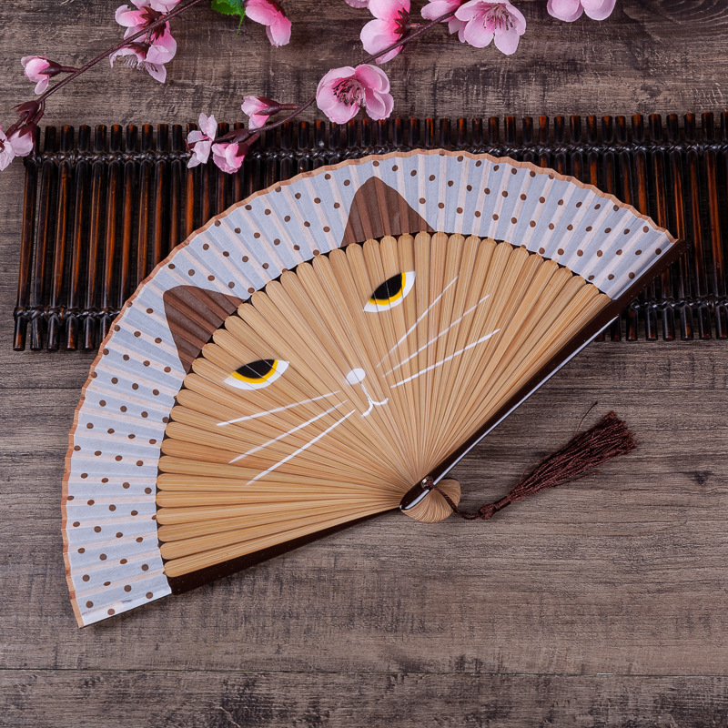 安吉烤漆柄喷绘i猫扇日本女生折扇卡通龙猫扇真丝创意日式工艺扇图