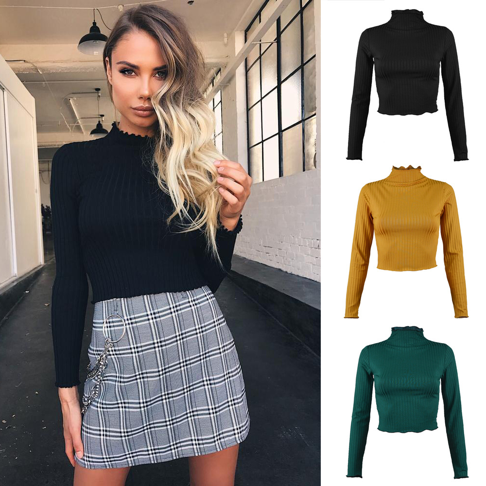 Bestseller! 2020 Cross-border autumn/Winter semi-high-neck solid color long-sleeved knitted T-shirt, European and American slim-fit women's crop top details Picture