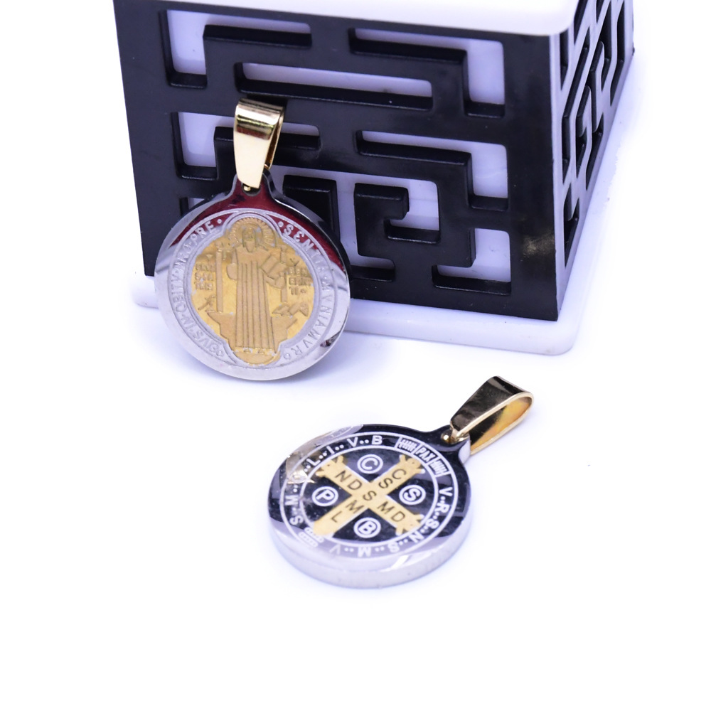 High-end stainless steel St.Benedict two-color round pendant cross necklace accessories in stock details Picture