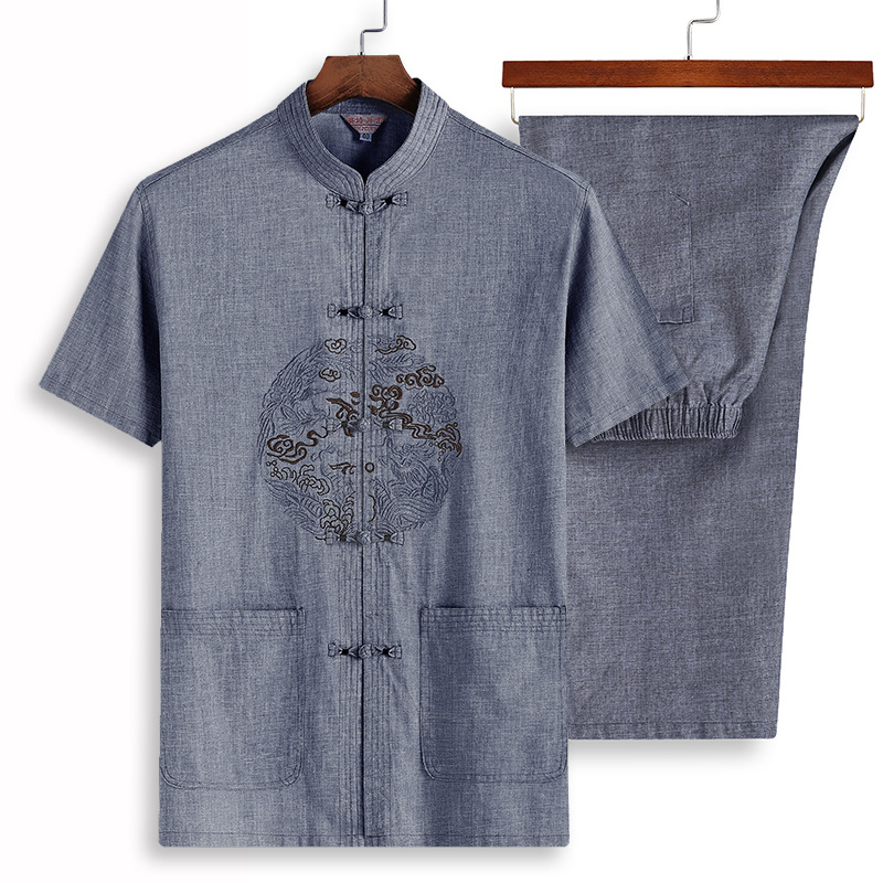 Summer Old Short Sleeve Linen Tang Suit Male Chinese Style Large Size Hanfu Cotton Linen Suit Chinese Dish Buckle Dad Suit