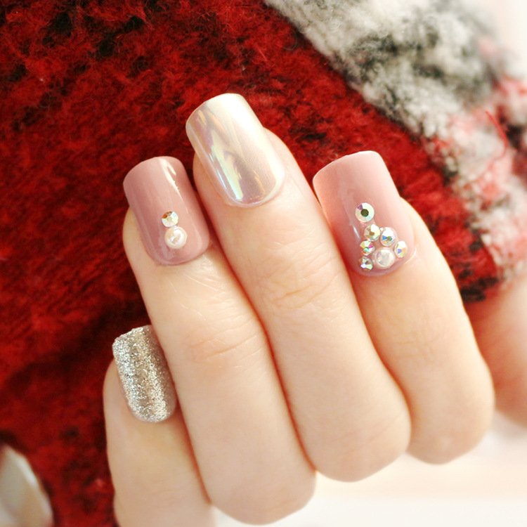 24-piece wearable nail short style wholesale nail piece finished fake nail, scallion powder metal sequin nail piece simple style details Picture