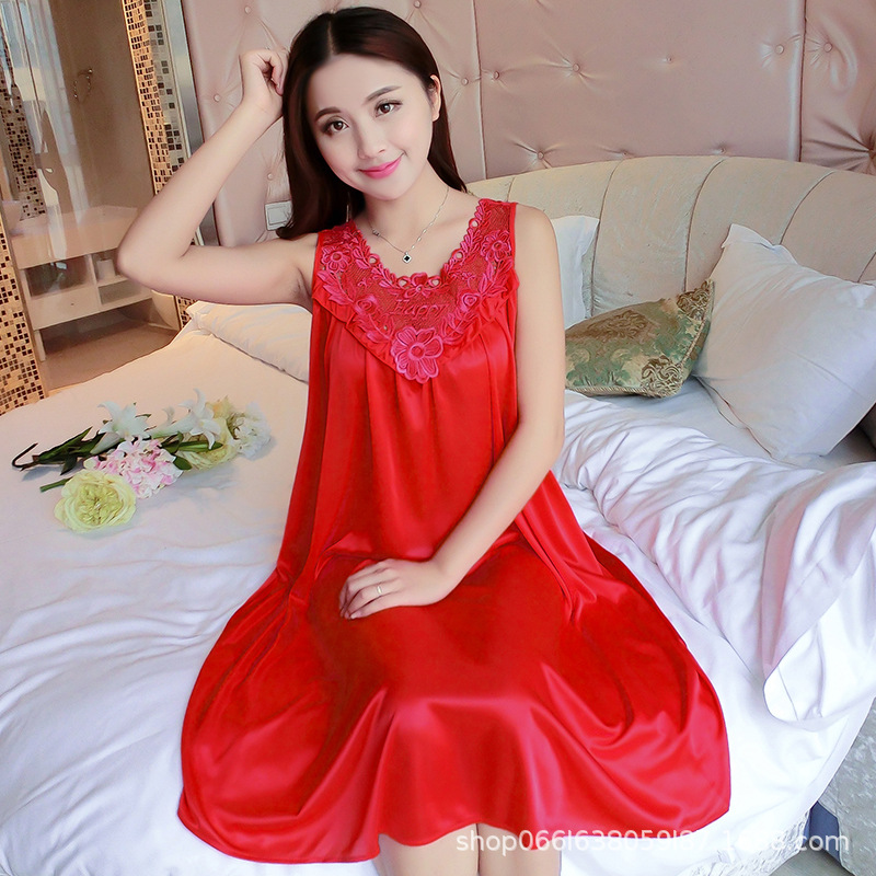 Summer Korean Version Ice Silk Pajamas Fat Mm Nightdress Large Women's Halter Imitation Silk Thin Summer Loose Home Wear Specification drawing